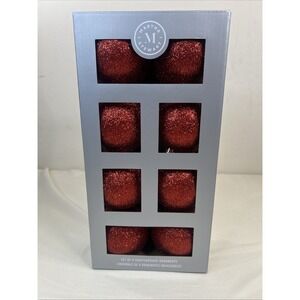 NIB Martha Stewart Set Of 8 Red Glitter Shatterproof Ornaments